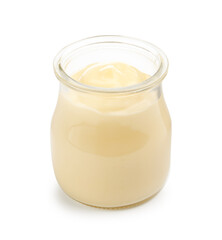 Tasty vanilla pudding in jar isolated on white