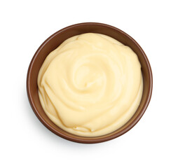 Tasty vanilla pudding in bowl isolated on white, top view