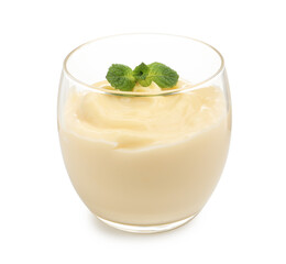 Tasty vanilla pudding with mint isolated on white