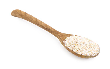 Superfood product. Oat powder in spoon isolated on white