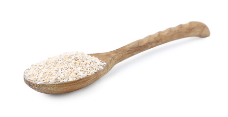 Superfood product. Oat powder in spoon isolated on white