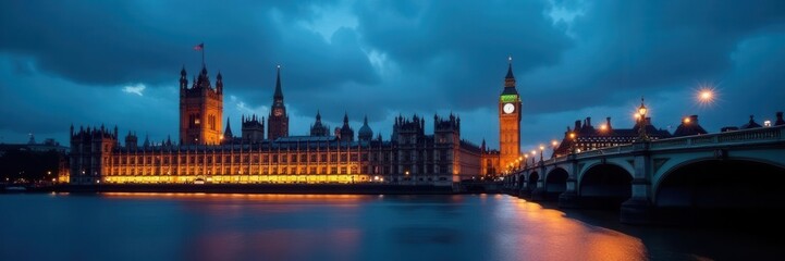 Fototapeta premium Dusk illuminates the Houses of Parliament and bridge Dark blue sky contrasts with warm lights , sunset, twilight, houses of parliament