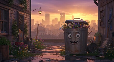Happy Bin in Cityscape Sunset