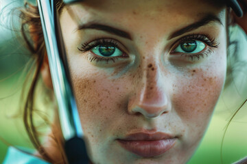 Young female golfer with a focused expression holding a club on a bright summer day, professional golf athlete generative ai