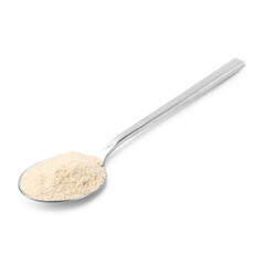 Superfood product. Sesame seeds powder in spoon isolated on white