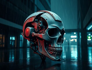 Robotic skull with visible mechanics stands in a futuristic city