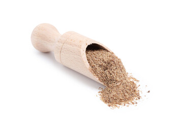 Superfood product. Flaxseed powder in scoop isolated on white