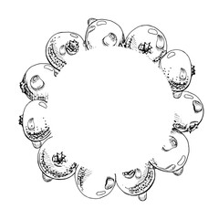 Lingonberry cranberry vector hand drawn in ink, group of scattered ripe forest berry, dew drops, bearberry teaberry. Wreath frame isolated illustration. Restaurant, dessert cafe menu, farmers market