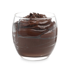 Delicious chocolate pudding in glass isolated on white