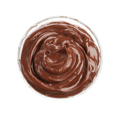 Delicious chocolate pudding in bowl isolated on white, top view