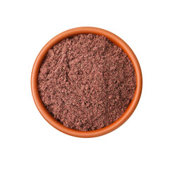 Superfood. Black currant powder in bowl isolated on white, top view