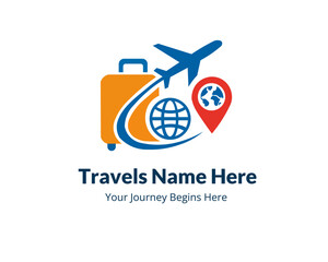 Travel Agency Logo Design with Airplane, Suitcase and Globe