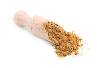 Superfood. Turmeric powder and scoop isolated on white