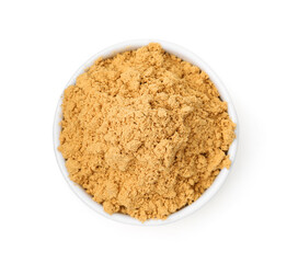 Superfood. Turmeric powder in bowl isolated on white, top view