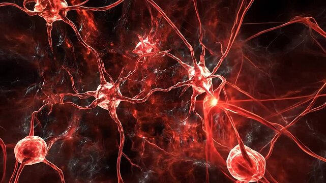 Neural network activity, vibrant red, microscopic view