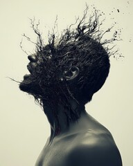A man stands outdoors, his hair wildly tousled by the wind, creating a dynamic and energetic look. His expression is carefree, embodying a sense of freedom and adventure.