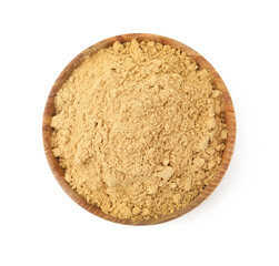 Superfood. Turmeric powder in bowl isolated on white, top view