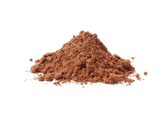 Superfood supplement. Pile of cacao powder isolated on white