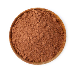 Superfood. Cacao powder in bowl isolated on white, top view