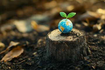 A small plant sprouts from a globe resting on a tree stump in the earth