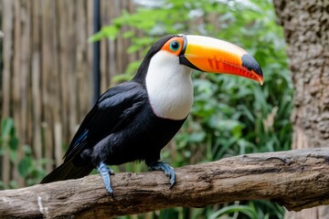 Obraz premium A colorful toucan (Passeriformes) perched on a tropical rainforest branch, its beak glowing under the sunlight