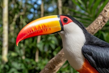 Fototapeta premium A colorful toucan (Passeriformes) perched on a tropical rainforest branch, its beak glowing under the sunlight