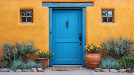 Fototapeta premium Colorful Southwestern Architecture featuring a blue door and golden adobe wall