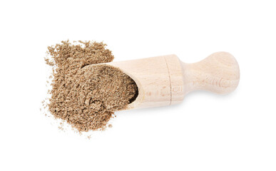 Superfood. Chia seeds powder in scoop isolated on white, top view