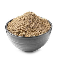Superfood. Chia seeds powder in bowl isolated on white