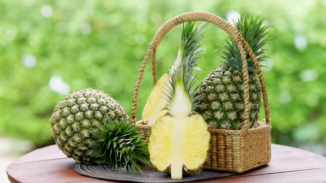 Pineapple fruit in Bamboo basket on wooden table in garden, Organic Taiwan Watermelon Pineapple with slices on blurred greenery background.