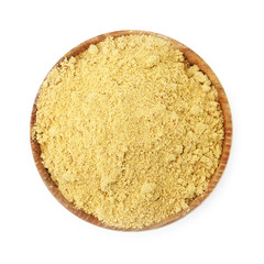 Superfood. Mustard powder in bowl isolated on white, top view