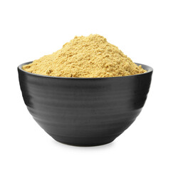 Superfood. Mustard powder in bowl isolated on white