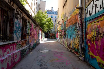 Fototapeta premium Graffiti-filled alley with vibrant colors for urban art scene 