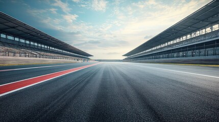 Obraz premium Racing circuit asphalt road perspective, a day of anticipation for the race