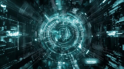 Obraz premium Abstract digital tunnel futuristic technology background turquoise green data stream code cyber space