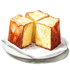 Slice of cake is cut in half and placed on a white plate. The cake is yellow and has a fork on the plate