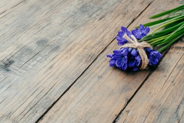 A dried lavender stem tied with twine, resting on a rustic wooden table