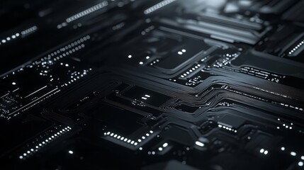 Abstract dark circuit board technology background image grid grey lines wires black metal shiny