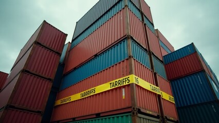 Fototapeta premium Shipping Containers Stacked Labeled With Tariffs