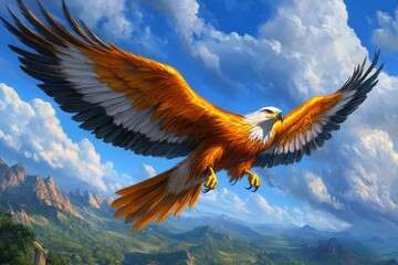 Obraz premium A golden phoenix-eagle hybrid (Accipitriformes) soaring over a mystical mountain range, its wings blazing with divine fire