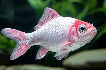 Obraz premium A goldfish swimming in a crystal-clear aquarium, its scales shimmering under the light (Fish)