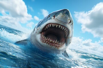 Naklejka premium A great white shark breaking through the oceanâ€™s surface, water spraying around it (Fish)