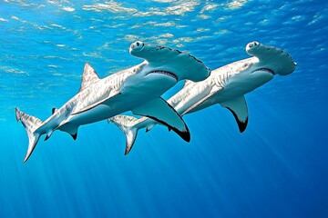 Naklejka premium A hammerhead shark patrolling the deep ocean, its unique head shape cutting through the water (Fish)