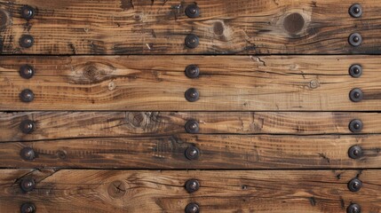 Aged oak wood planks featuring decorative wrought iron nails for a rustic, textured background or surface