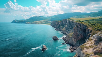 Fototapeta premium Idyllic coastal vista featuring rugged cliffs, azure waters, and rolling mountains