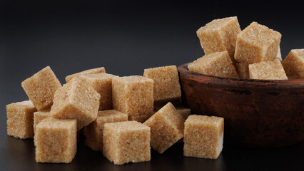 Brown sugar cubes on black background. Cane brown sugar.