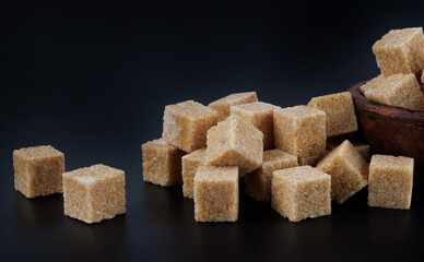 Clay cup with brown sugar cubes. Cane brown sugar.