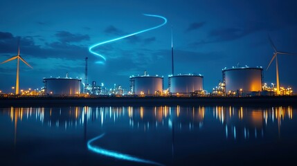 Obraz premium Futuristic Energy Landscape: Wind Turbines and Fuel Tanks by River with Rising Blue Light Columns. High-Tech 4K Abstract Marketing Background for Posters, Banners, and Digital Designs. AI-Generated Cr