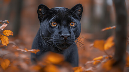 Obraz premium Striking close up of black panther with golden eyes in autumn forest