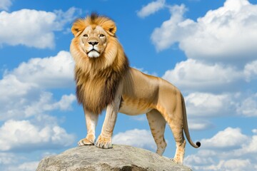 Obraz premium A majestic lion standing on a rock, surveying its savanna kingdom (Mammal)